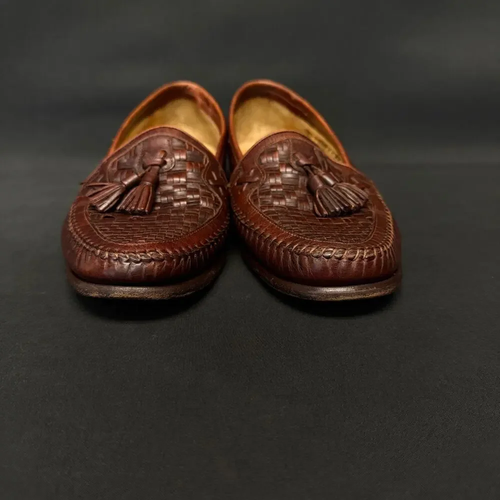 Santoni Vero Cuoio Loafers Mens 7.5D Brown Tassle Woven Italy Leather Dress Shoe